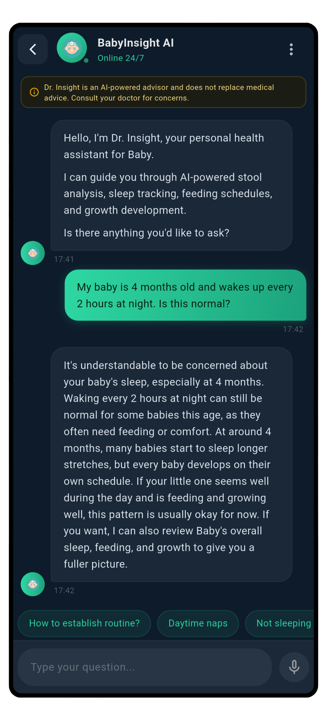 Dr. Insight AI chat conversation showing a parent asking about baby sleep patterns and receiving personalized, evidence-based advice