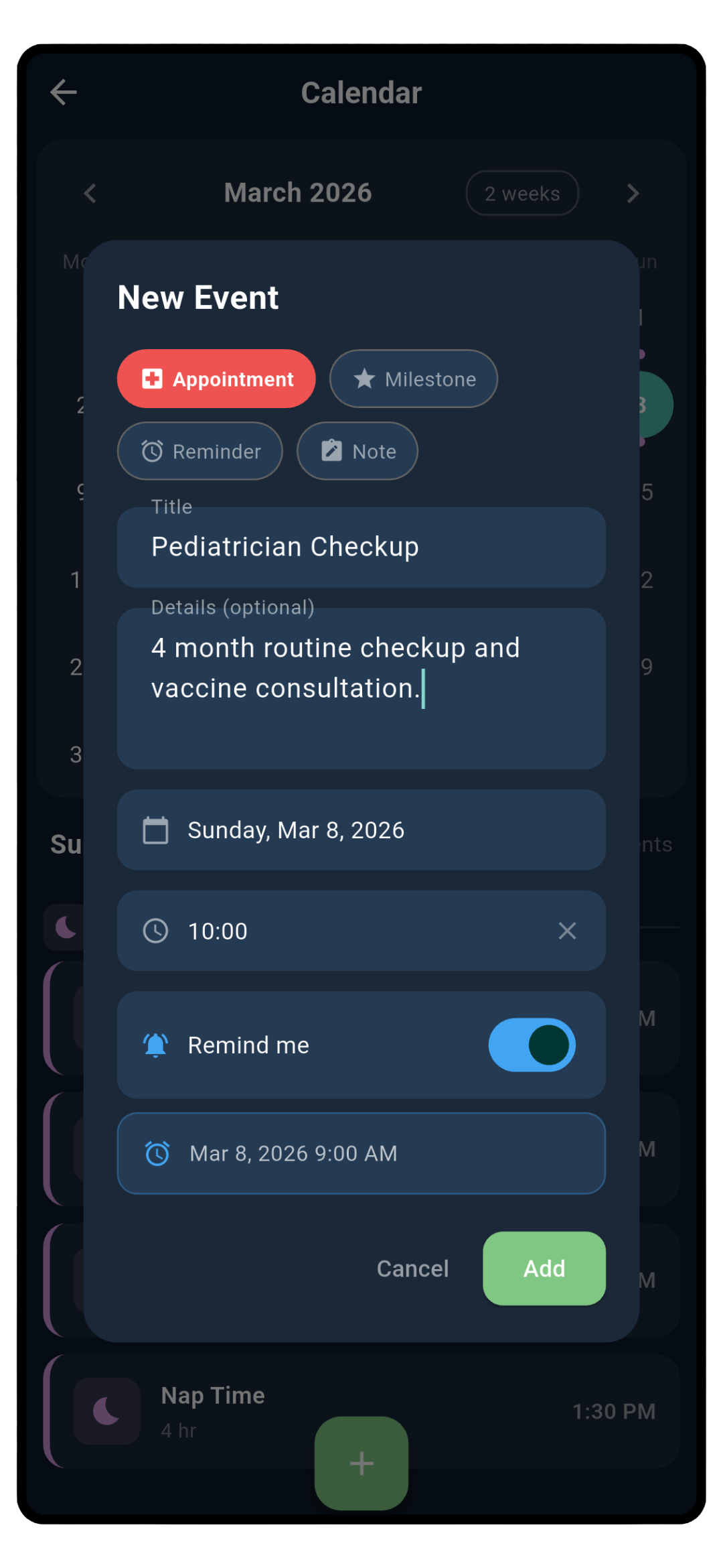 Calendar new event dialog showing appointment creation with title, details, date, time, and reminder notification settings