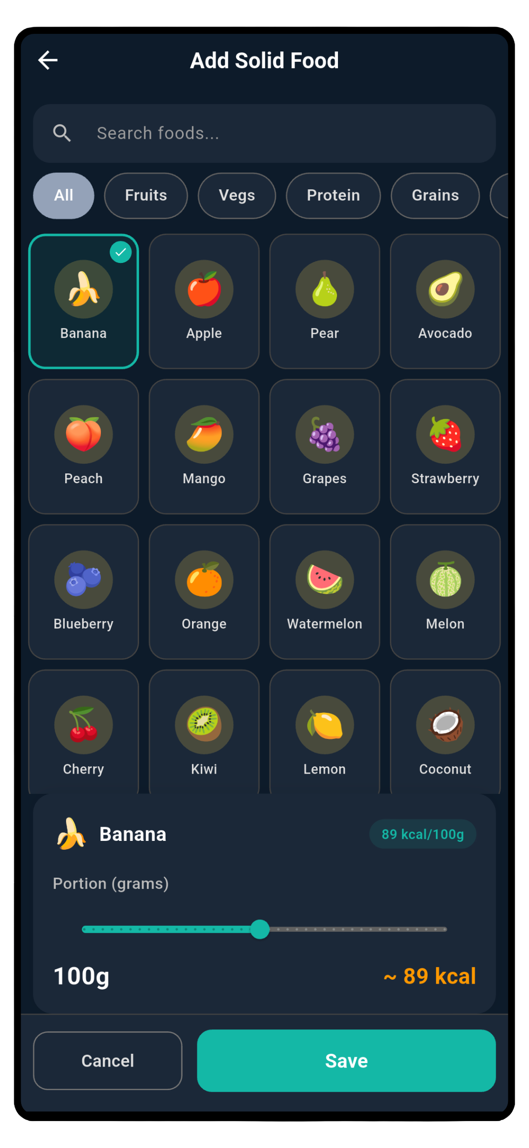 Add Solid Food screen showing categorized food grid with visual icons, portion slider, and calorie calculation for banana