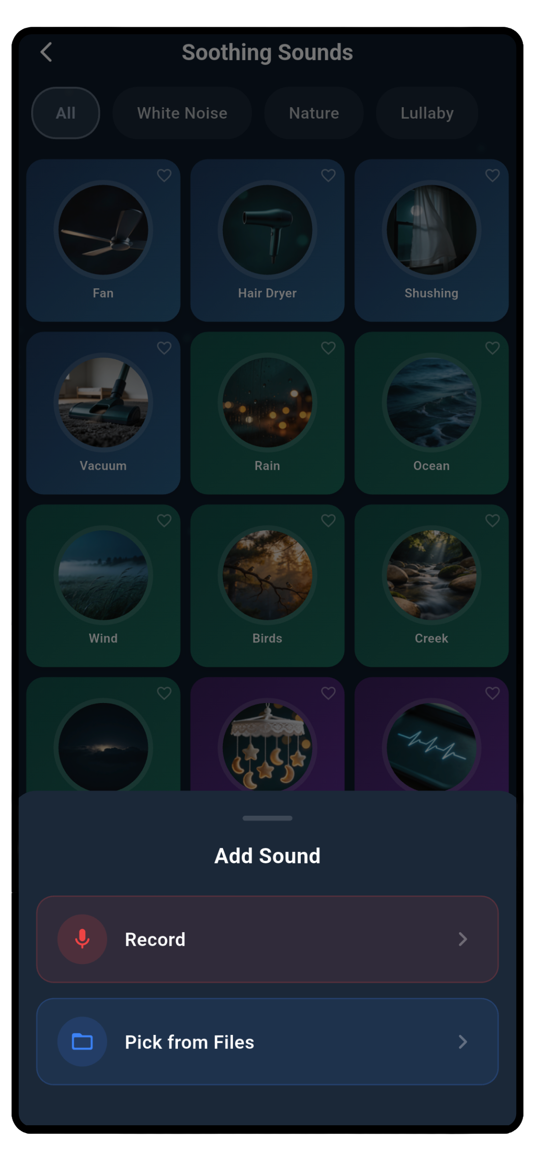 Soothing Sounds library showing categorized sound tiles for fan, hair dryer, rain, ocean, wind, birds and Add Sound options for recording or importing