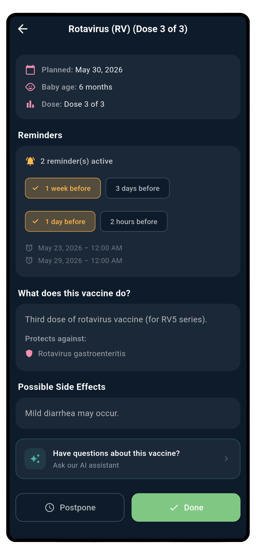 Vaccine detail screen showing Rotavirus dose 3 with reminders, protection info, side effects, and AI assistant link